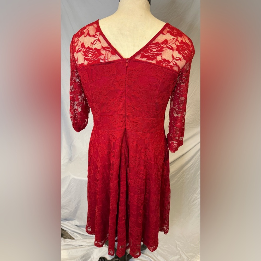 Red A-line Dress with Bishop Sleeves and Crew Neck - Picture 2 of 3